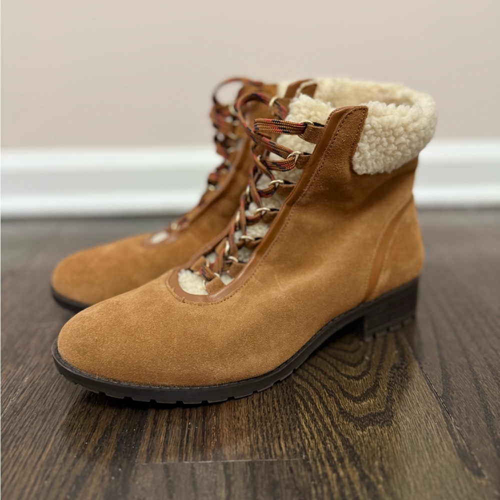 Womens Tan Suede Lace-Up Ankle Boots with Shearling Collar